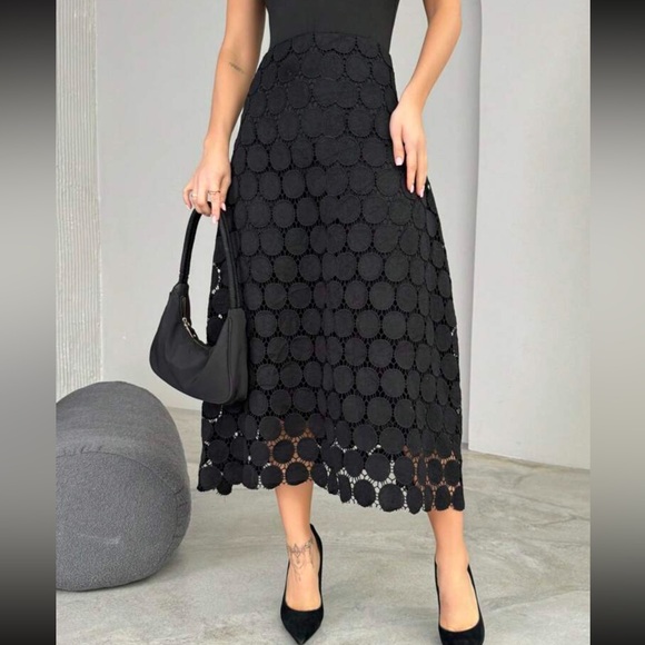 Dresses & Skirts - Black crochet embroidered midi skirt double layer dotted design